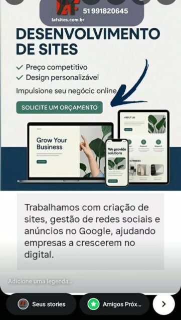 Bem-vindos! Nós somos da lafsites, uma agência de marketing digital criada para transformar negócios físicos e digitais em grandes cases de sucesso 💡
👉Quem somos:
Nossa metodologia é fundamentada em 3 pilares principais: Criação de SITE, Tráfego pago, Gestão de redes sociais.
👉Oferecemos soluções e estratégias personalizadas com foco em vendas.
⚠️Contrate hoje mesmo a Lafsites e resolva seu problemas.
⚠️FAÇA SEU SITE NOVO.
Ligue ou Mande seu Whatsapp .
📲 51 99182064t
#sites
#publicidade
#empresas
#googleads
#websites
#lojavirtual
#redessocial
#desenvolvimento
#criaçãodesites
#portoalegre
#canoas
#Trafegopago
#googleads
#landinpage