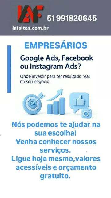 👉Começar anunciar uma empresa pode parecer complicado, com um bom planejamento e os passos certos, fica muito mais fácil.

🚀 Ter um SITE  e muito mais fácil de ter,  é acessível, rápido e barato.

⚠️Então já chegou a hora de sua empresa  fazer um SITE, seu concorrente vai vender muito mais do que você.

💻Conheça nossos serviços de criação de SITE, Landing Page,redes sociais e outros.

E lembre-se de contar com a Lafsites.com.br, especializada e que faz toda a diferença nesse  processo. 

📱Fale com a Lafsites e deixe que a gente cuide da parte da propaganda da sua empresa.
👉Entre em contato , orçamento gratuito e saiba mais 👈
#criaçãodesites 
#empreeder 
#lafsites
comercio
landingpager
rwdessociais
googleads
riograndedosul
canoas
empresarios
comerciante
local