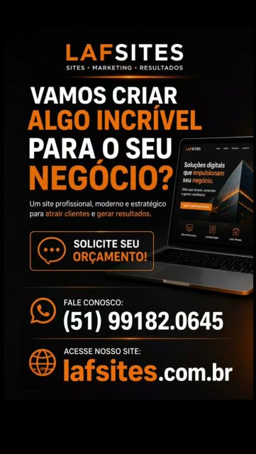 ✔ Seu site é muitas vezes o primeiro contato do cliente com sua empresa. Se ele é lento, confuso ou desatualizado, você pode estar perdendo oportunidades todos os dias.

✔A LAFsites cria sites profissionais, rápidos e pensados para transformar visitas em clientes.

📞 Entre em contato e peça seu orçamento.
#CriacaoDeSites #MarketingDigital #SiteProfissional #Empreendedorismo #Lafsites