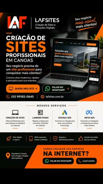 🚀 Seu negócio precisa de um site profissional?
Seu cliente está procurando sua empresa na internet. Seu site está preparado para transformar essa busca em oportunidade?
A Lafsites cria sites profissionais, Landing Pages e soluções digitais para empresas que querem ter uma presença mais forte na internet.
📍 Atendimento em Canoas, Porto Alegre e Região Metropolitana.
📲 Fale agora com a Lafsites pelo WhatsApp
📞 (51) 99182-0645
👉 Não deixe sua empresa perder oportunidades. Solicite seu orçamento!
#CriacaoDeSites #SiteProfissional #Canoas #PortoAlegre #Lafsites